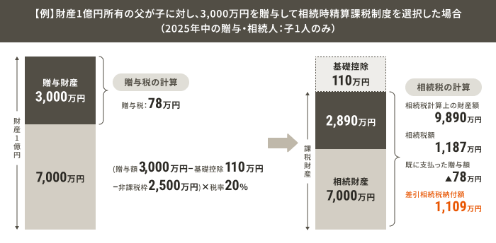 �y��z���Y1���~���L�̕����q�ɑ΂��A3,000���~�𑡗^���đ��������Z�ېŐ��x��I�������ꍇ(2025�N���̑��^�E�����l:�q1�l�̂�)�}