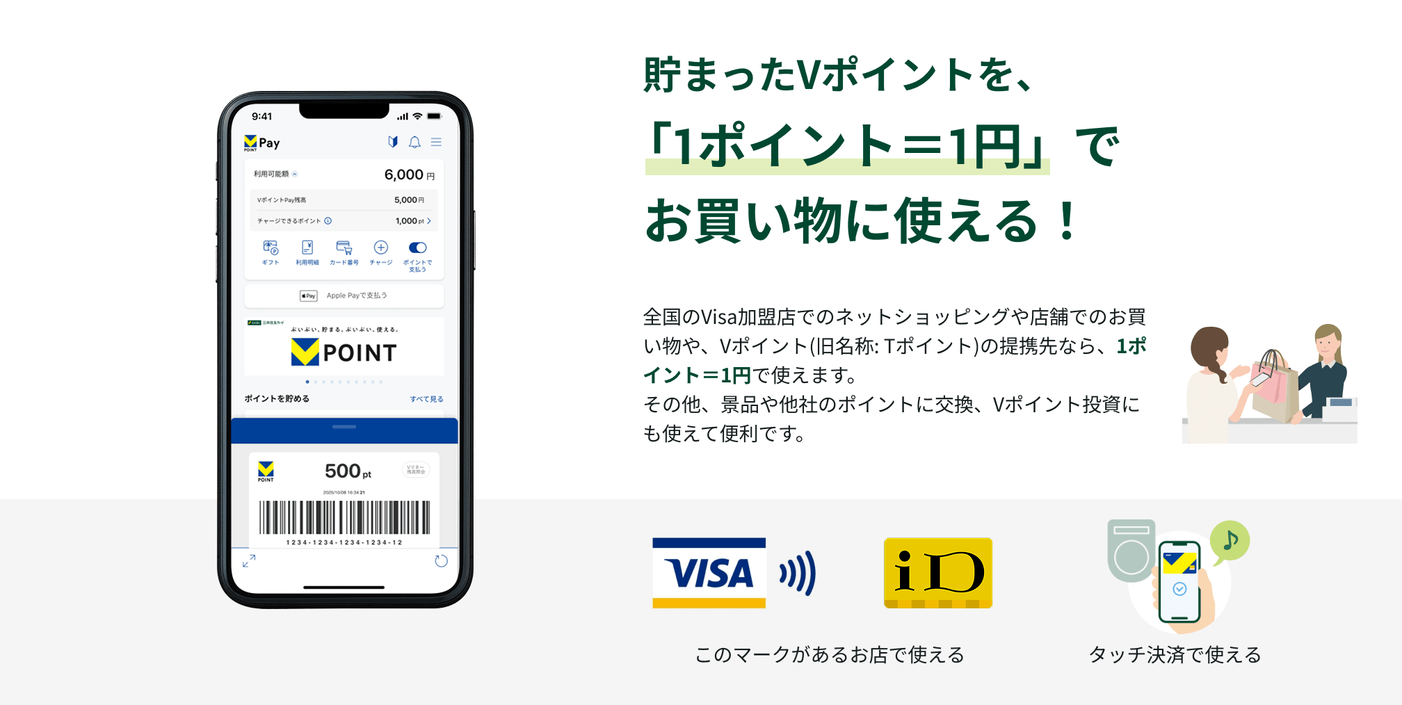 ���܂���V�|�C���g���A�u1�|�C���g��1�~�v�ł��������Ɏg����I�S����Visa�����X�ł̃l�b�g�V���b�s���O��X�܂ł̂���������AV�|�C���g(������: T�|�C���g)�̒�g��Ȃ�A1�|�C���g��1�~�Ŏg���܂��B���̑��A�i�i�⑼�Ђ̃|�C���g�Ɍ����AV�|�C���g�����ɂ��g���ĕ֗��ł��B
