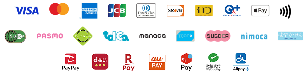 VISA,Mastercard,AMERICAN EXPRESS,JCB,Diners Club INTERNATIONAL,Discover,iD,QUICPay,Apple Pay,bv}[N,Suica,PASMO,Kitaca,TOICA,manaca,ICOCA,SUGOCA,nimoca,͂₩,PayPay,d,yVyC,au PAY,yC,WeChat pay,Alipay+