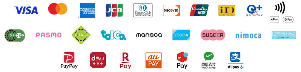 VISA,Mastercard,AMERICAN EXPRESS,JCB,Diners Club INTERNATIONAL,Discover,unionpay ,iD,QUICPay,Apple Pay,bv}[N,Suica,PASMO,Kitaca,TOICA,manaca,ICOCA,SUGOCA,nimoca,͂₩,PayPay,d,yVyC,au PAY,yC,WeChat pay,Alipay+