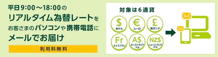 平日9:00と18:00のリアルタイム為替レートをお客さまのパソコンや携帯電話にメールでお届け(利用料無料)対象は6通貨「米ドル、ユーロ、英ポンド、スイスフラン、オーストラリアドル、ニュージーランドドル