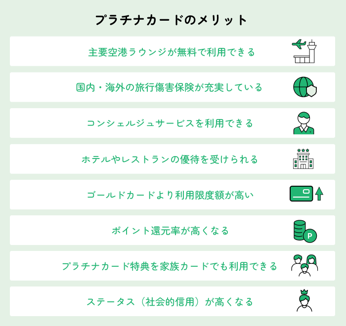 主要空港ラウンジが無料で利用できる、国内・海外の旅行傷害保険が充実している、コンシェルジュサービスを利用できる、ホテルやレストランの優待を受けられる、ゴールドカードより利用限度額が高い、ポイント還元率が高くなる、プラチナカード特典を家族カードでも利用できる、ステータス(社会的信用)が高くなる