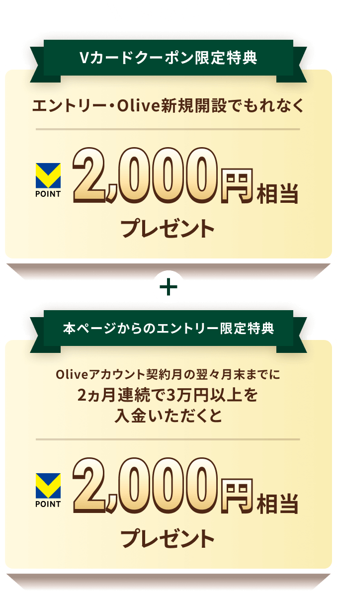 ����� V�J�[�h�N�[�|��������T �G���g���[�EOlive�V�K�J�݂ł���Ȃ�V�|�C���g2,000�~�����v���[���g�{�{�y�[�W����̃G���g���[������T Olive�A�J�E���g�_�񌎂̗��X�����܂ł�2�����A����3���~�ȏ���������������V�|�C���g2,000�~�����v���[���g