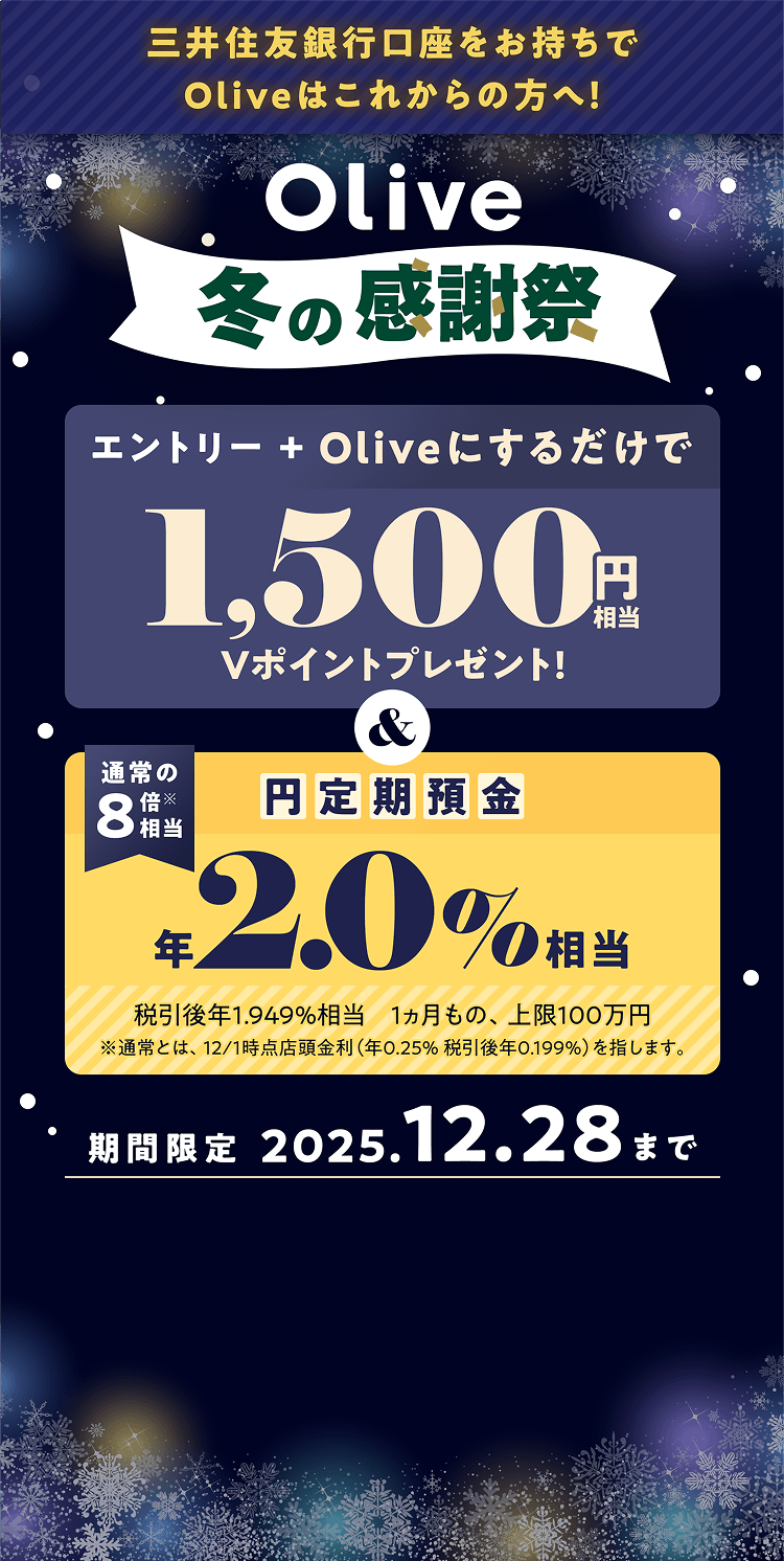 三井住友銀行口座をお持ちでOliveはこれからの方へ!Olive冬の感謝祭。エントリー+Oliveにするだけで1,500円相当Vポイントプレゼント!&円定期預金、通常の8倍※相当、年2.0%相当。税引後年1.949%相当。1ヵ月もの、上限100万円。※通常とは、12月1日時点店頭金利(年0.25%、税引後年0.199%)を指します。期間限定2025年12月28日日曜日まで。