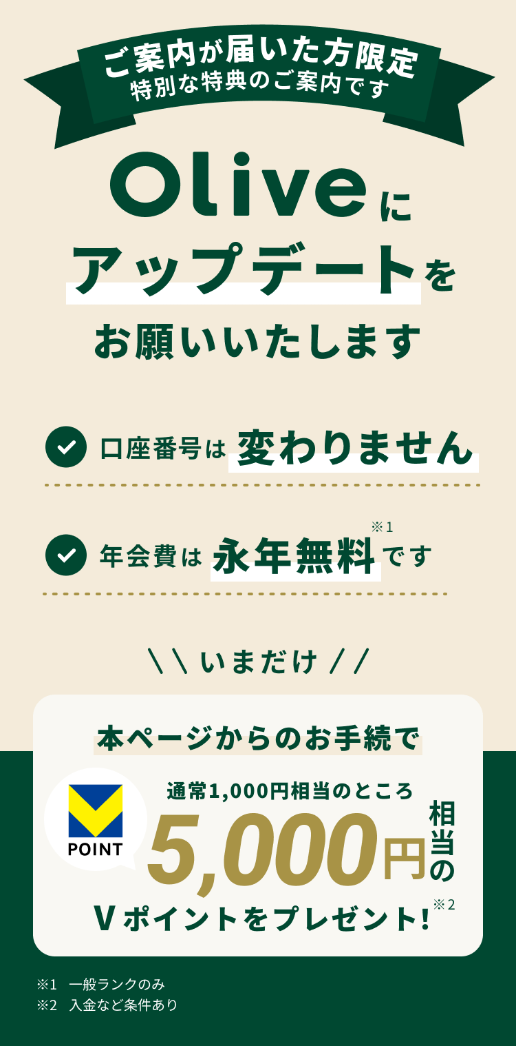 ���ē����͂��������� ���ʂȓ��T�̂��ē��ł� Olive�ɃA�b�v�f�[�g�����肢�������܂� �����ԍ��͕ς��܂��� �N���͉i�N������1�ł�  ���܂����{�y�[�W����̂��葱�Œʏ�1,000�~�����̂Ƃ���5,000�~������V�|�C���g���v���[���g�I��2 ��1 ��ʃ����N�̂� ��2 �����ȂǏ�������