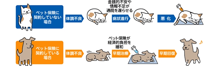 ペット保険に契約していない場合 体調不良 病状進行 悪化 ペット保険に契約している場合 体調不良 早期治療 早期回復