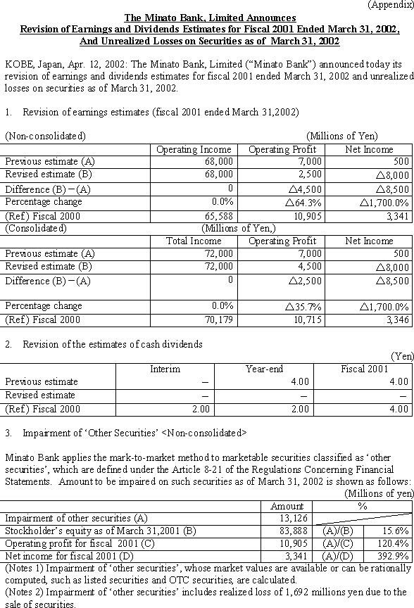 Sumitomo Mitsui Banking Corporation Announces Revision of Fiscal Year 2001 Earnings Estimates By Its Consolidated Subsidiary, THE MINATO BANK, LTD. (2/3)