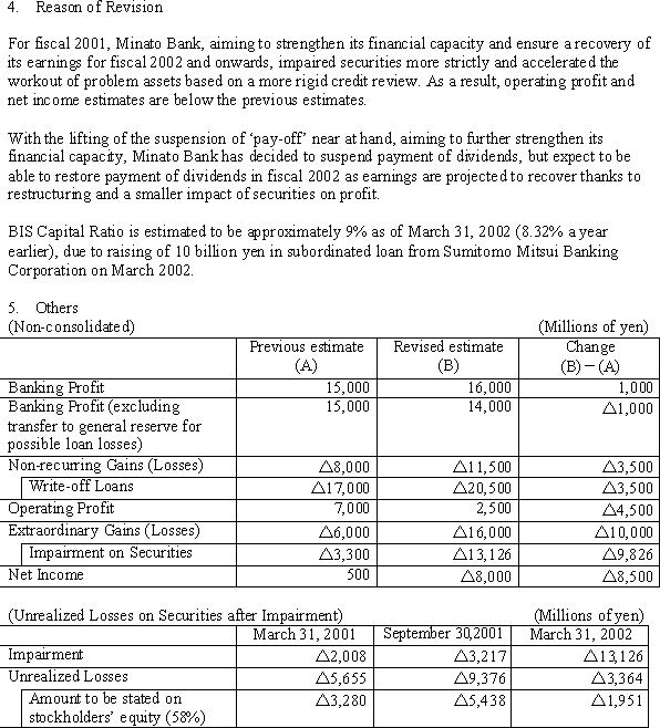 Sumitomo Mitsui Banking Corporation Announces Revision of Fiscal Year 2001 Earnings Estimates By Its Consolidated Subsidiary, THE MINATO BANK, LTD. (3/3)