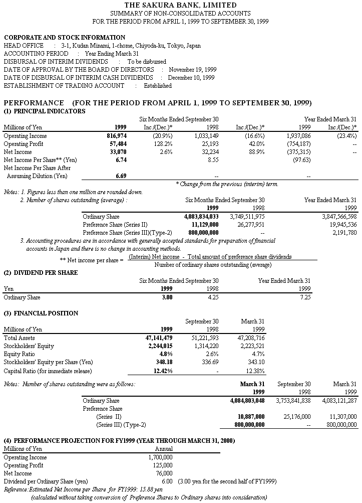 SUMMARY OF NON-CONSOLIDATED ACCOUNTS FOR THE PERIOD FROM APRIL 1, 1999 TO SEPTEMBER 30, 1999