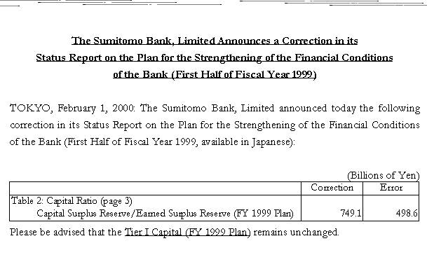 The Sumitomo Bank, Limited Announces a Correction in its Status Report on the Plan for the Strengthening of the Financial Conditions of the Bank (First Half of Fiscal Year 1999)