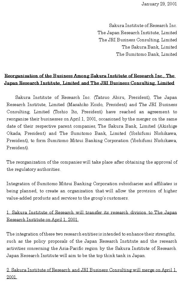 Reorganization of the Business Among Sakura Institute of Research Inc The Japan Research Institute, Limited and The JRI Business Consulting, Limited (1/3) 