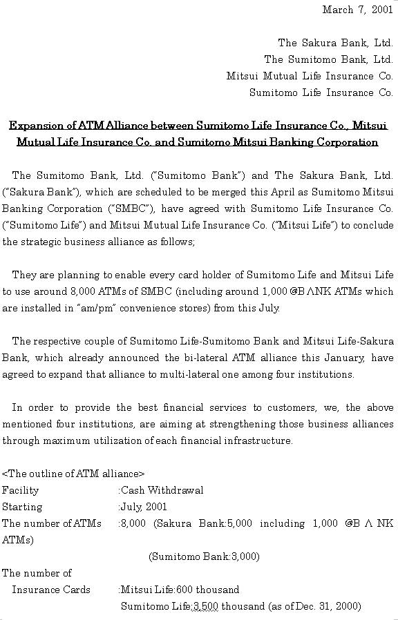 Expansion of ATM Alliance between Sumitomo Life Insurance Co., Mitsui Mutual Life Insurance Co. and Sumitomo Mitsui Banking Corporation