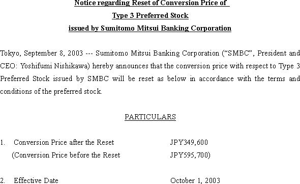 Notice regarding Reset of Conversion Price of Type 3 Preferred Stock issued by Sumitomo Mitsui Banking Corporation(1/1)